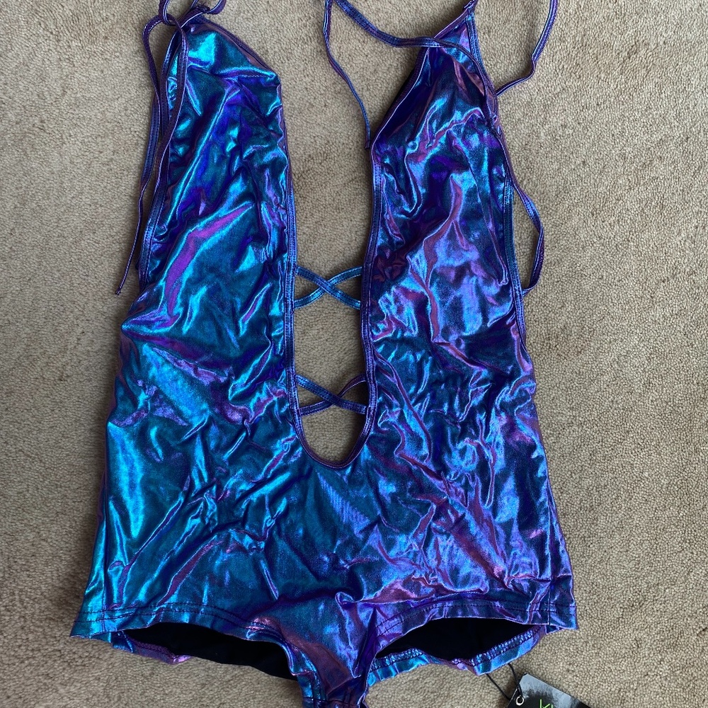 Club Exx Blue Purple Holographic Rave Bodysuit